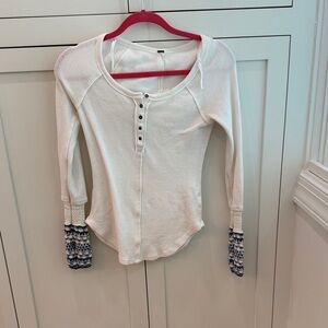 Free People Cream Long Sleeve Top with Blue Patterned Cuffs